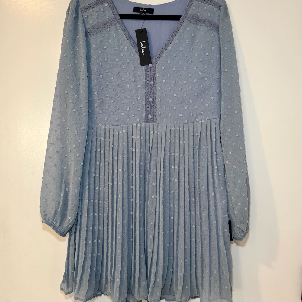 NWT Lulus Dusty Blue Swiss Dot Sheer Long Sleeve Pleated Mini Dress, Sz M - Picture 2 of 10